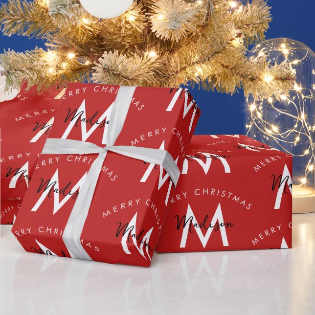Personalised Modern Merry Christmas Red Monogram Wrapping Paper (Holidays)
