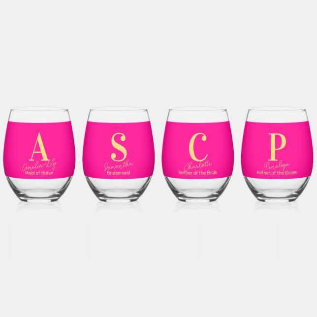 Personalised Modern Monogram Bridal Party Matching Stemless Wine Glass (Front)