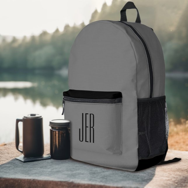 Personalised Modern Monogram Initials Grey Black Printed Backpack (Personalized Modern Monogrammed Initials Gray Black Printed Backpack)