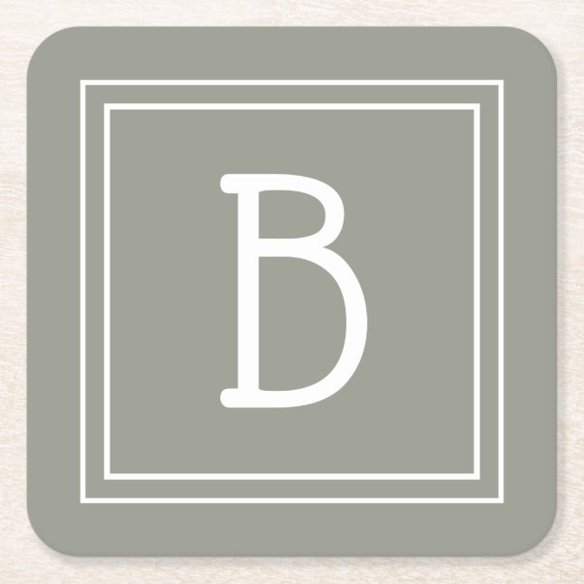 Personalised Modern Monogrammed Sage Green & White Square Paper Coaster (Front)