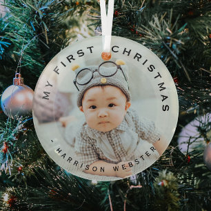 Personalised Modern My First Christmas Photo Glass Tree Decoration