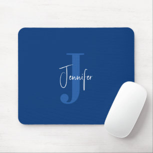 Personalised Modern Name & Initial Monogram Blue Mouse Pad