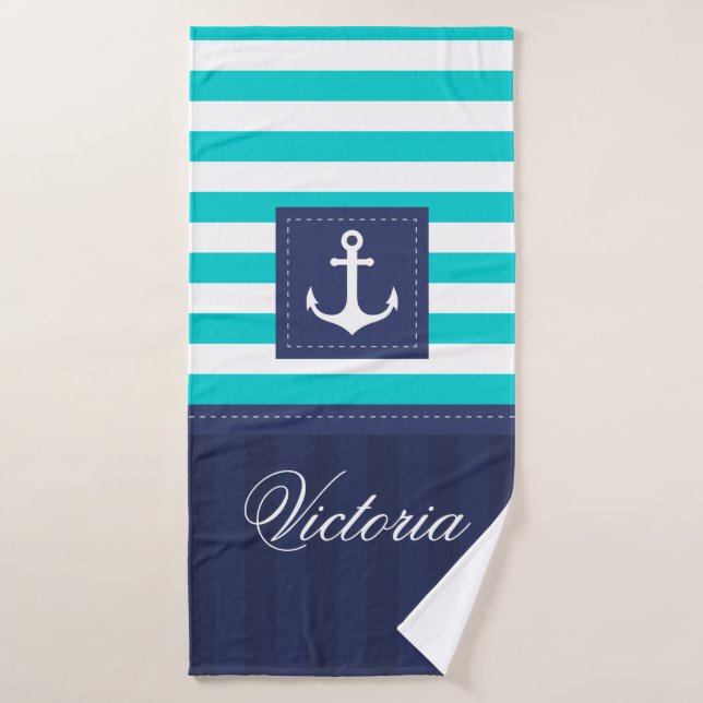 Personalised Modern Navy Blue Nautical Anchor Bath Towel (Bath Towel)