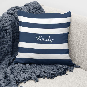 Personalised Modern Navy Blue Stripes Cushion