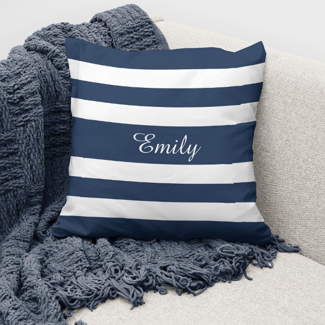 Personalised Modern Navy Blue Stripes Cushion (Creator Uploaded)