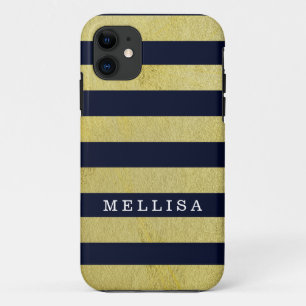 Personalised Modern Navy Gold Stripe iPhone 11 Case