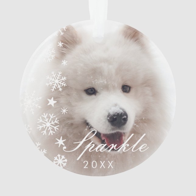Personalised Modern Pet Photo with Snowflakes  Ornament (Back)