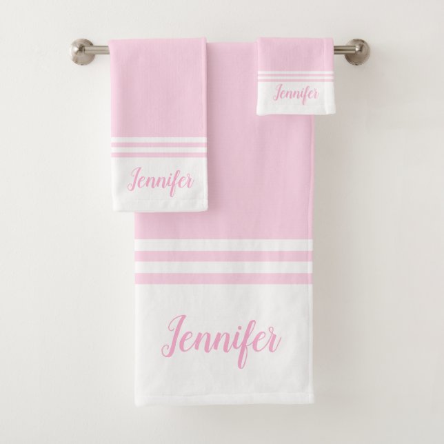 Personalised Modern Pink and White Simple striped Bath Towel Set (Insitu)
