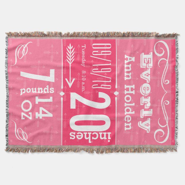 Personalised Modern Pink Birth Stats Throw Blanket (Front)