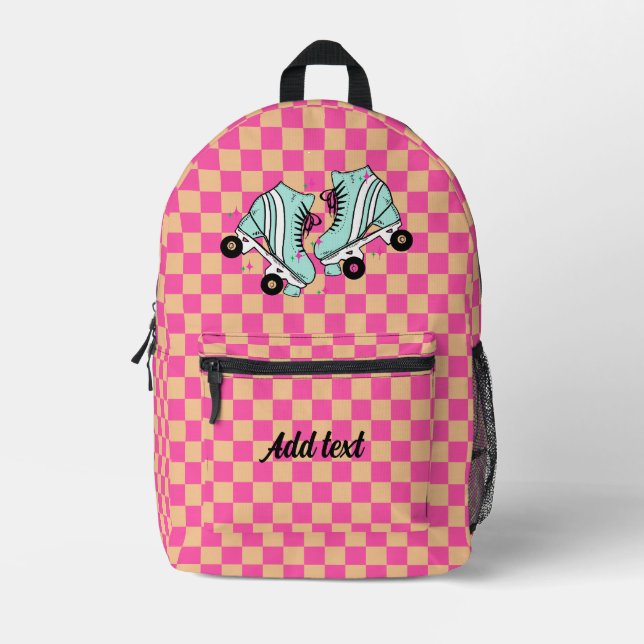 Personalised Modern Pink Chequered Roller Skate Printed Backpack (Front)