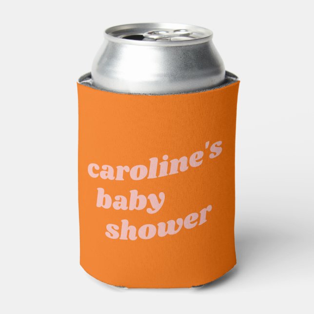 Personalised Modern Pink Orange Retro Baby Shower  Can Cooler (Can Front)