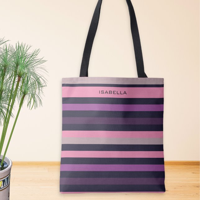 Personalised Modern Pink Purple Stripe Patterned Tote Bag (A stylish tote bag with pink, lilac and purple striped print, personalized with a name at the top)