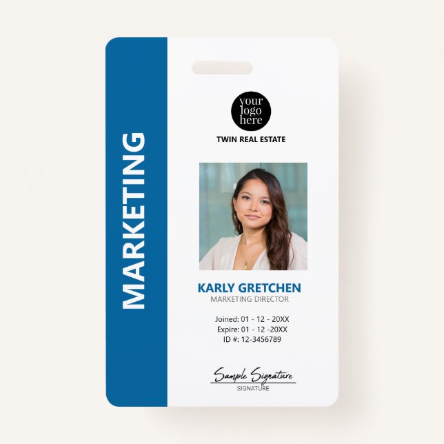 Personalised Modern Professional Employee ID Blue  ID Badge (Front)