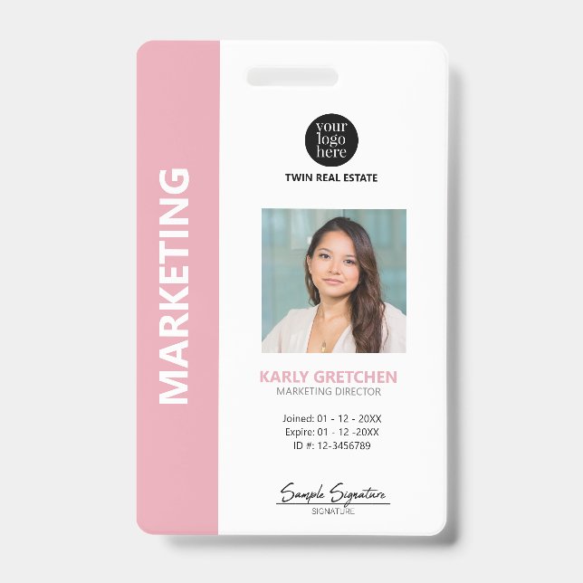 Personalised Modern Professional Employee ID Pink Badge (Front)