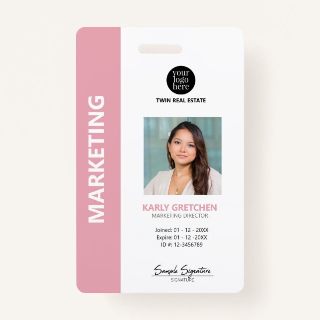 Personalised Modern Professional Employee ID Pink ID Badge (Front)