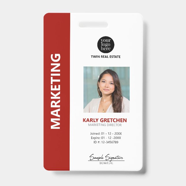 Personalised Modern Professional Employee ID Red Badge (Front)