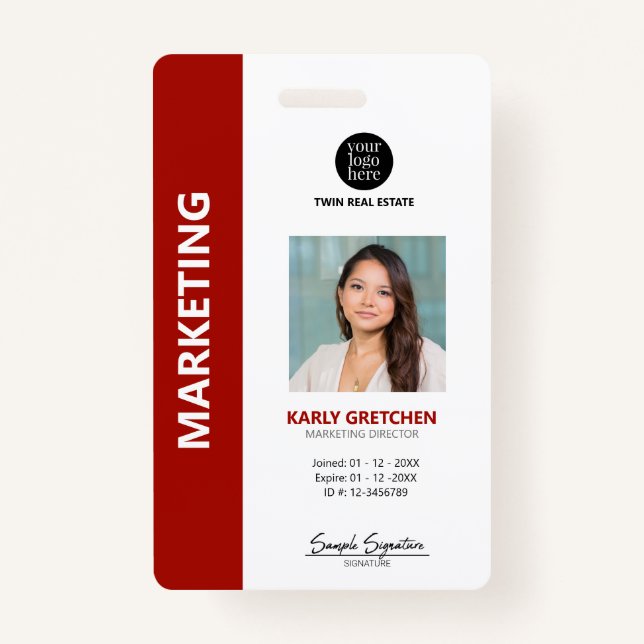 Personalised Modern Professional Employee ID Red ID Badge (Front)