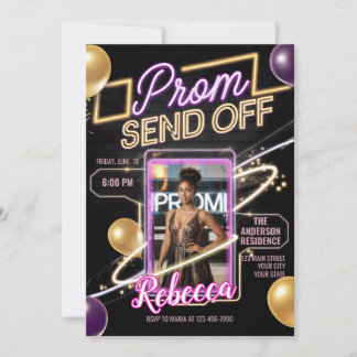 Personalised Modern Prom Send Off Black Pink Neon Invitation