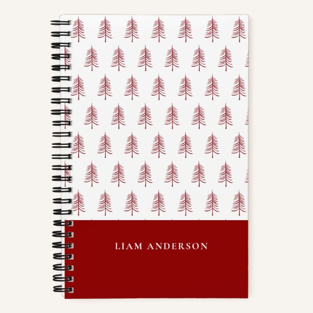 Personalised Modern Red Christmas Tree Pattern Notebook (Front)