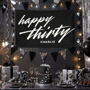 Personalised Modern Script Black 30th Birthday Banner