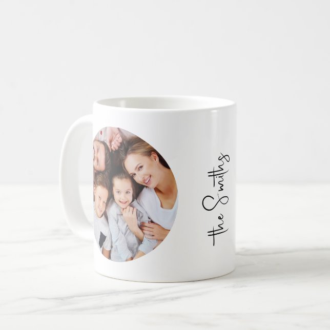 Personalised Modern Script Family Name Two Photos Coffee Mug (Front Left)