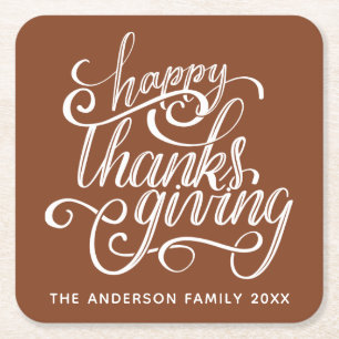 Personalised Modern Script Happy Thanksgiving Square Paper Coaster