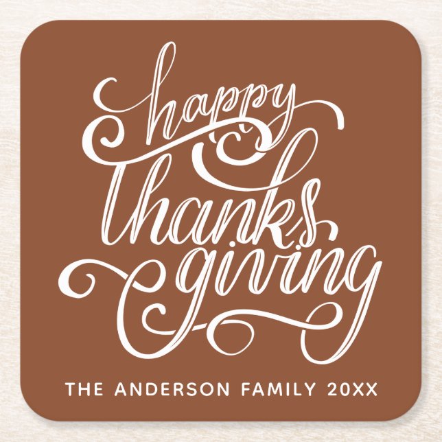 Personalised Modern Script Happy Thanksgiving Square Paper Coaster (Front)