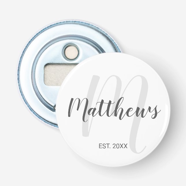 Personalised Modern Script Monogram & Family Name Bottle Opener (Front)