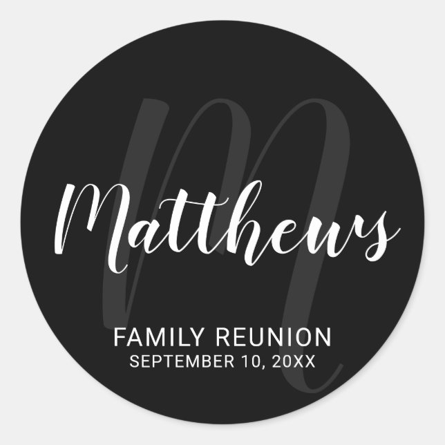 Personalised Modern Script Monogram & Family Name Classic Round Sticker (Front)