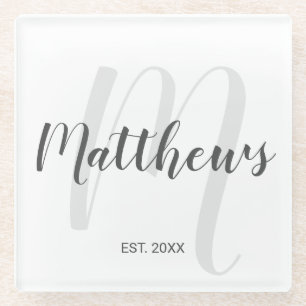 Personalised Modern Script Monogram & Family Name Glass Coaster