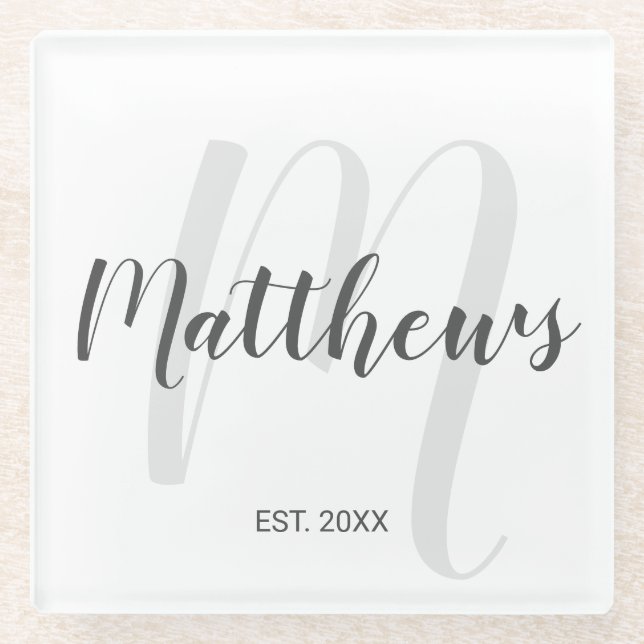 Personalised Modern Script Monogram & Family Name Glass Coaster (Front)