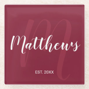 Personalised Modern Script Monogram & Family Name Glass Coaster