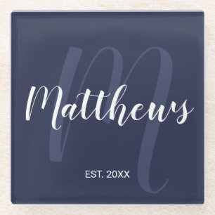Personalised Modern Script Monogram & Family Name Glass Coaster