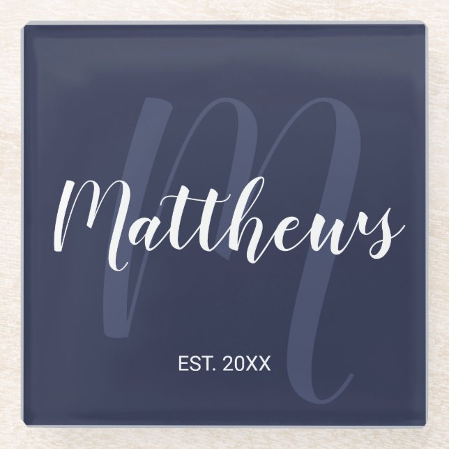 Personalised Modern Script Monogram & Family Name Glass Coaster (Front)