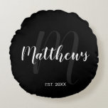Personalised Modern Script Monogram & Family Name Round Cushion<br><div class="desc">Personalised Monogram and Family Name Gift featuring family name in white modern script font style and monogram in grey modern script font style as background with established year in white sans serif font style on black background. Perfect as gift for newlyweds, holiday gift for family, family reunion favours and gift...</div>