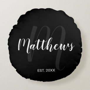 Personalised Modern Script Monogram & Family Name Round Cushion