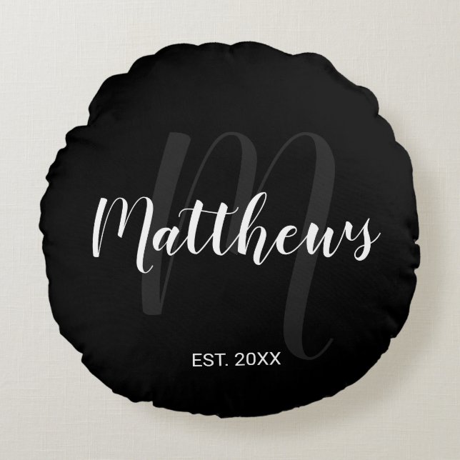 Personalised Modern Script Monogram & Family Name Round Cushion (Front)