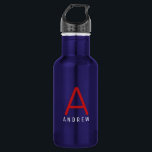 Personalised Modern Simple Red White Blue Monogram 532 Ml Water Bottle<br><div class="desc">Red, White, and Blue Personalised Name and Initial Letter Stainless Steel Water Bottle with a Custom Monogram in a trendy modern and minimal classic sans serif font for a simple but sophisticated and masculine look. Shown in red and white on a blue metallic water bottle, the text colours and fonts...</div>