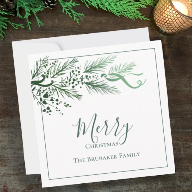 Personalised Modern Simple Unique Merry Christmas Holiday Card (Personalize this elegant modern pine and berry green on white Christmas greeting card.)