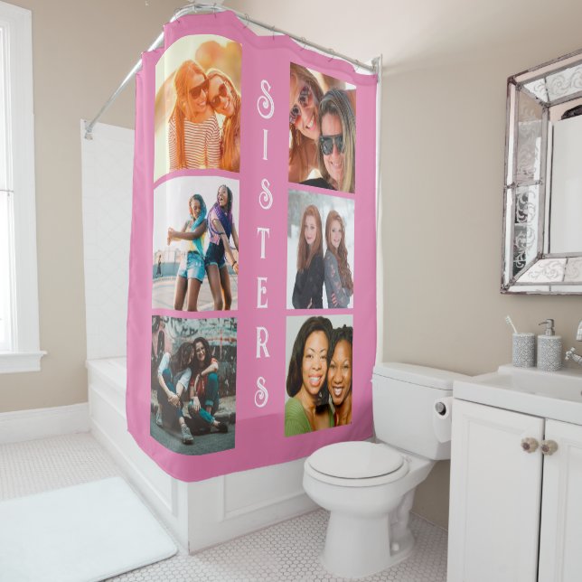 Personalised Modern Sisters 6 Photo Collage Shower Curtain (In Situ)