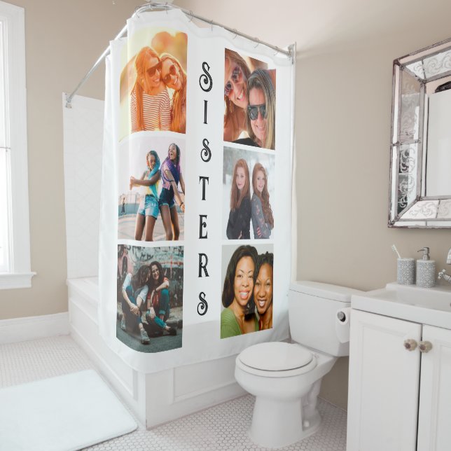 Personalised Modern Sisters 6 Photo Collage Shower Curtain (In Situ)