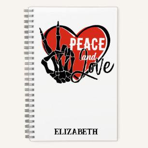 Personalised Modern Skeleton Hand Peace and Love Notebook