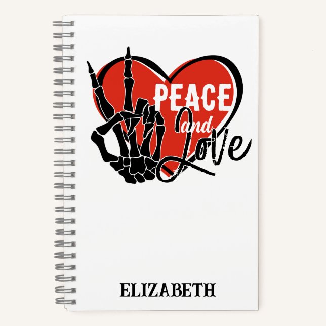 Personalised Modern Skeleton Hand Peace and Love  Notebook (Front)
