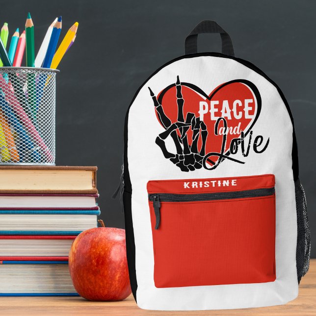 Personalised Modern Skeleton Hand Peace and Love  Printed Backpack (Creator Uploaded)