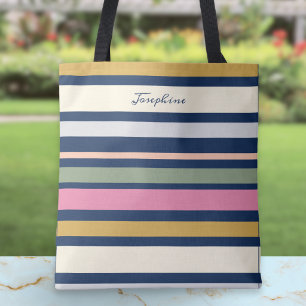 Personalised Modern Stripe Pattern Elegant Script Tote Bag