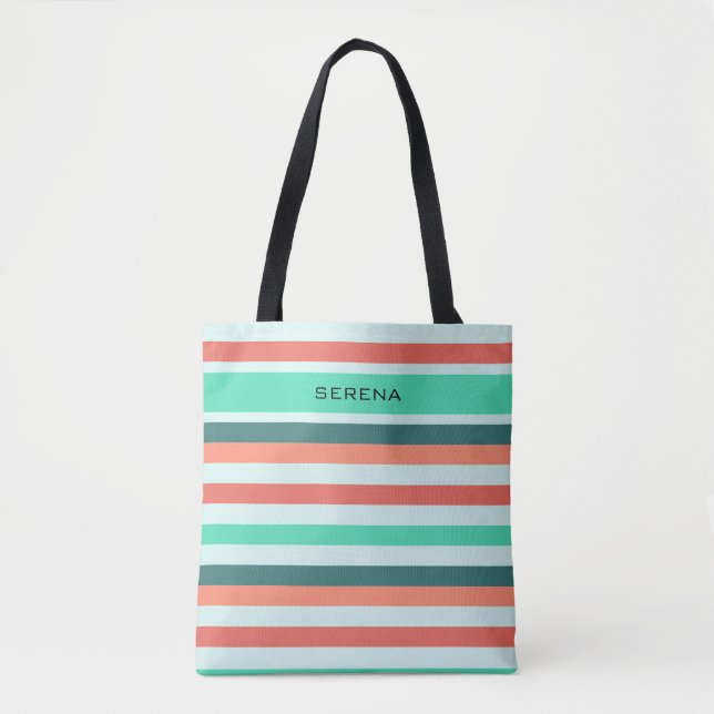 Personalised Modern Stripe Patterned Peach Aqua Tote Bag (Front)