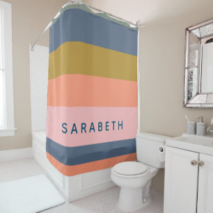 Personalised Modern Striped Muted Blue Peach Pink Shower Curtain