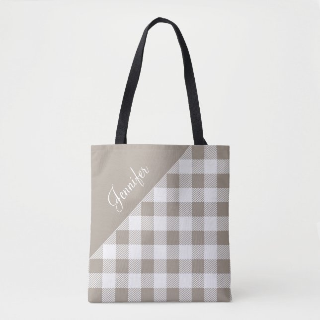 Personalised Modern Taupe Plaid  Tote Bag (Front)