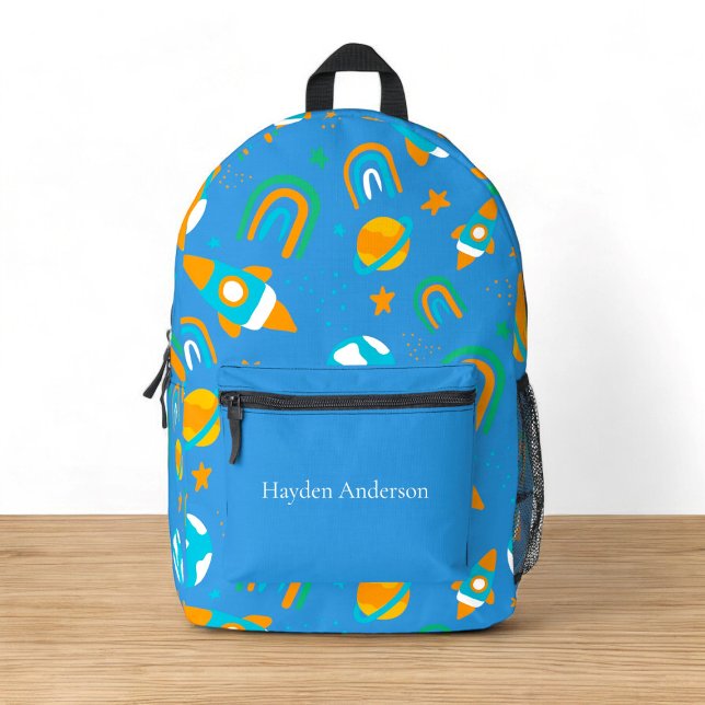 Personalised modern trendy space kids   printed backpack (personalized blue spack kids school backpack)