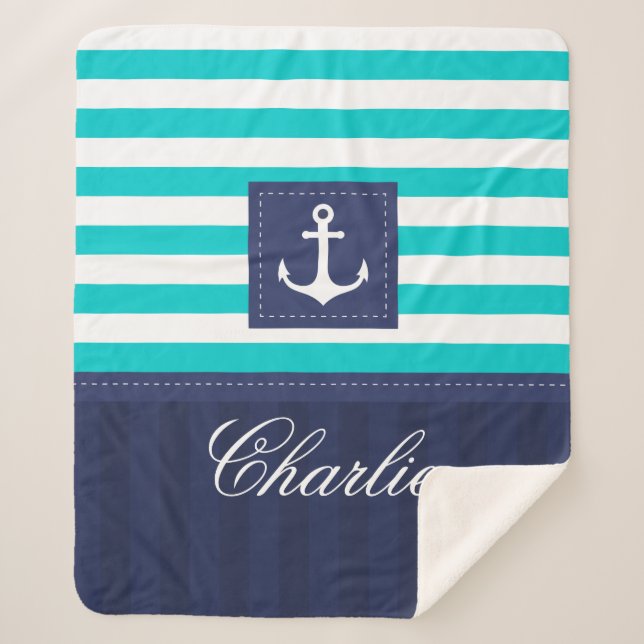 Personalised  Modern Turquoise Navy Anchor Design Sherpa Blanket (Front)